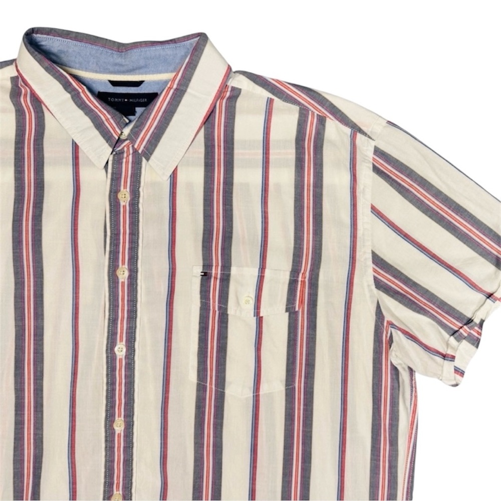 Vintage Tommy HILFIGER Button Short Sleeve Shirt - White w/ Red & Blue Stripes